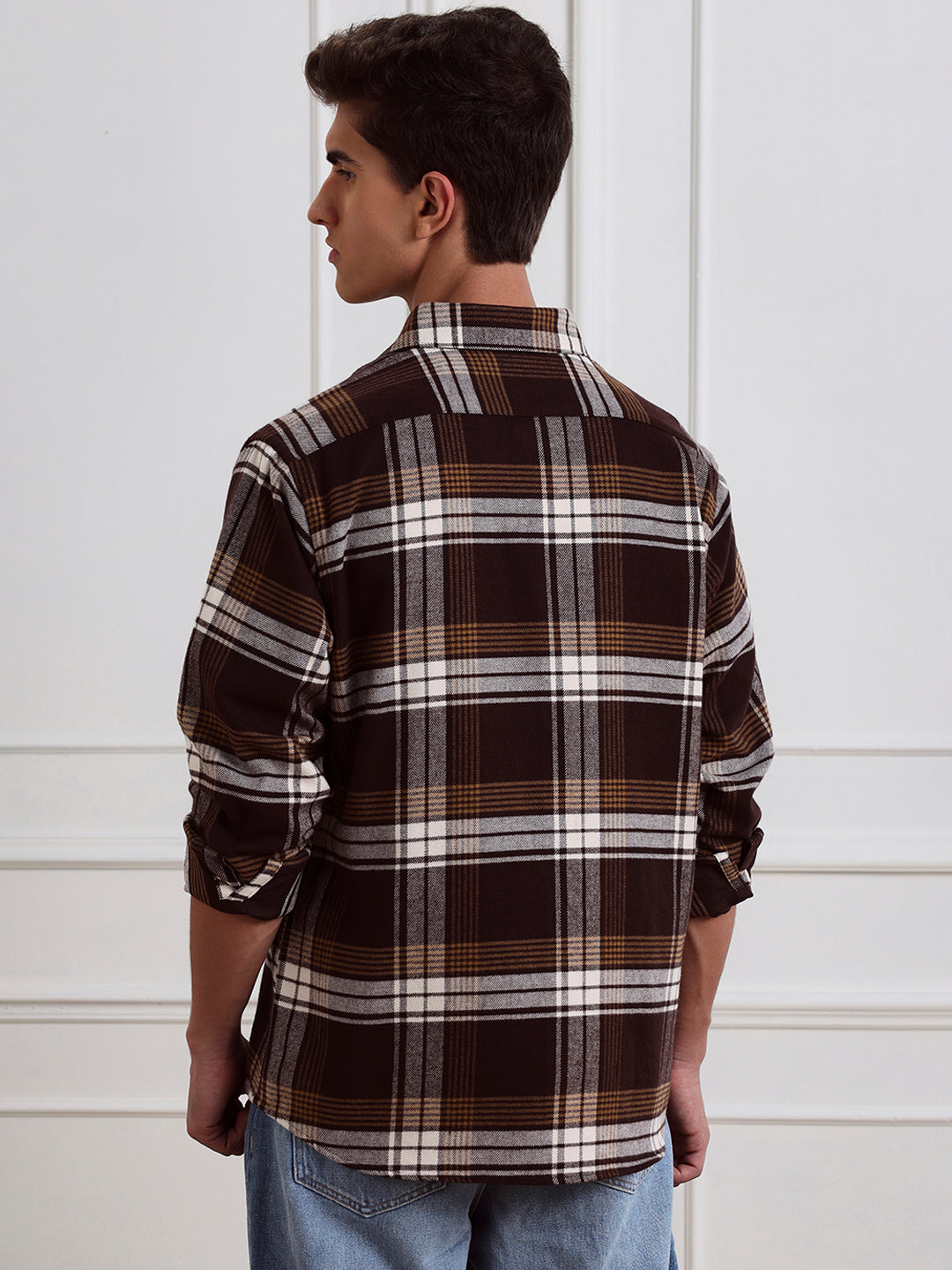 Brown Relaxed Fit Checked Casual Cotton Shirt for Men (LEWT)
