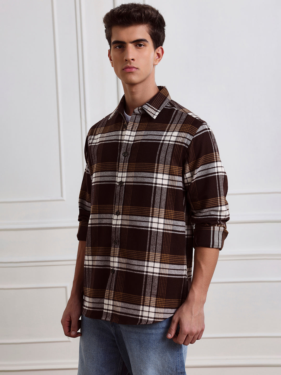 Brown Relaxed Fit Checked Casual Cotton Shirt for Men (LEWT)