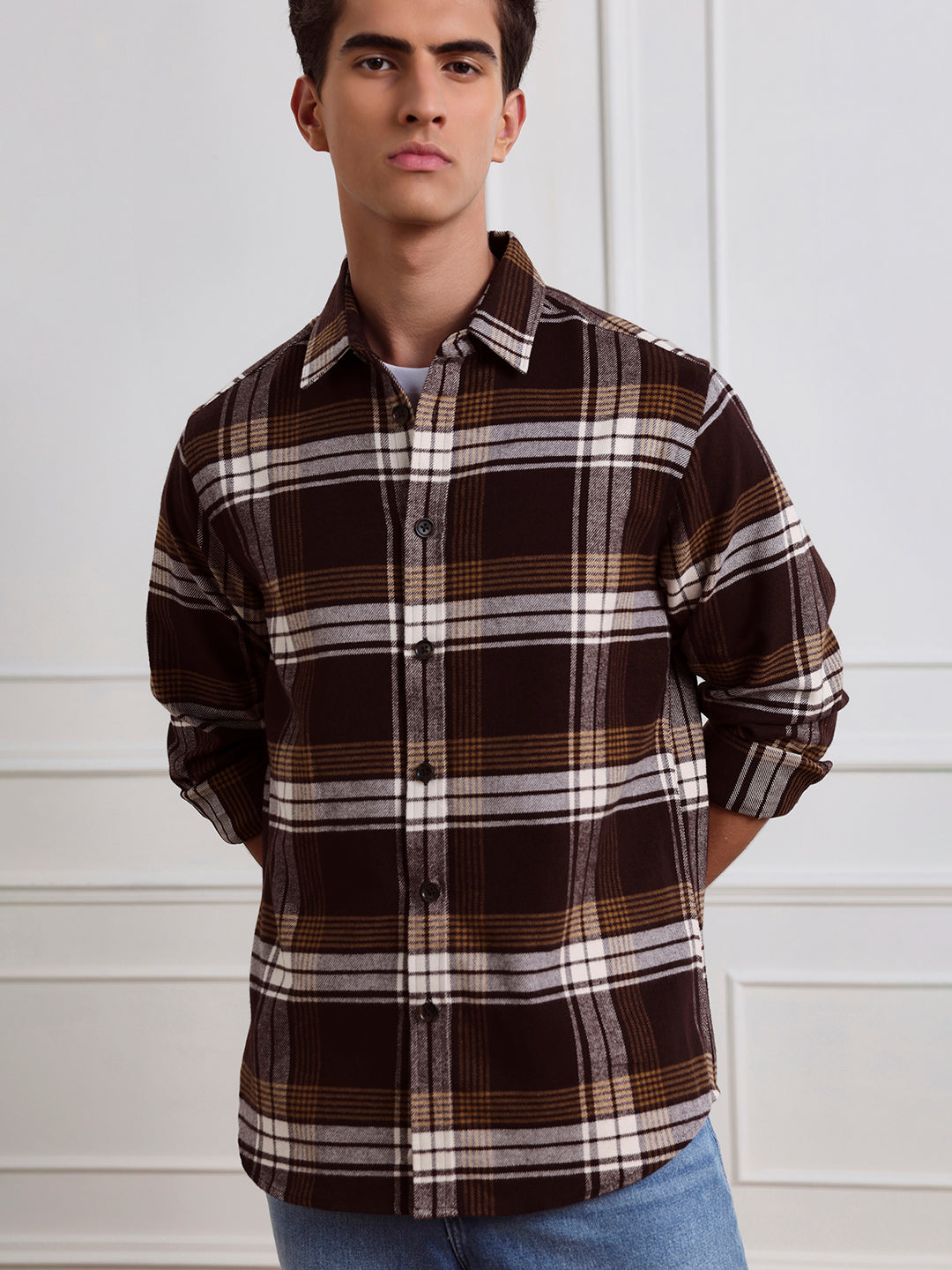 Brown Relaxed Fit Checked Casual Cotton Shirt for Men (LEWT)