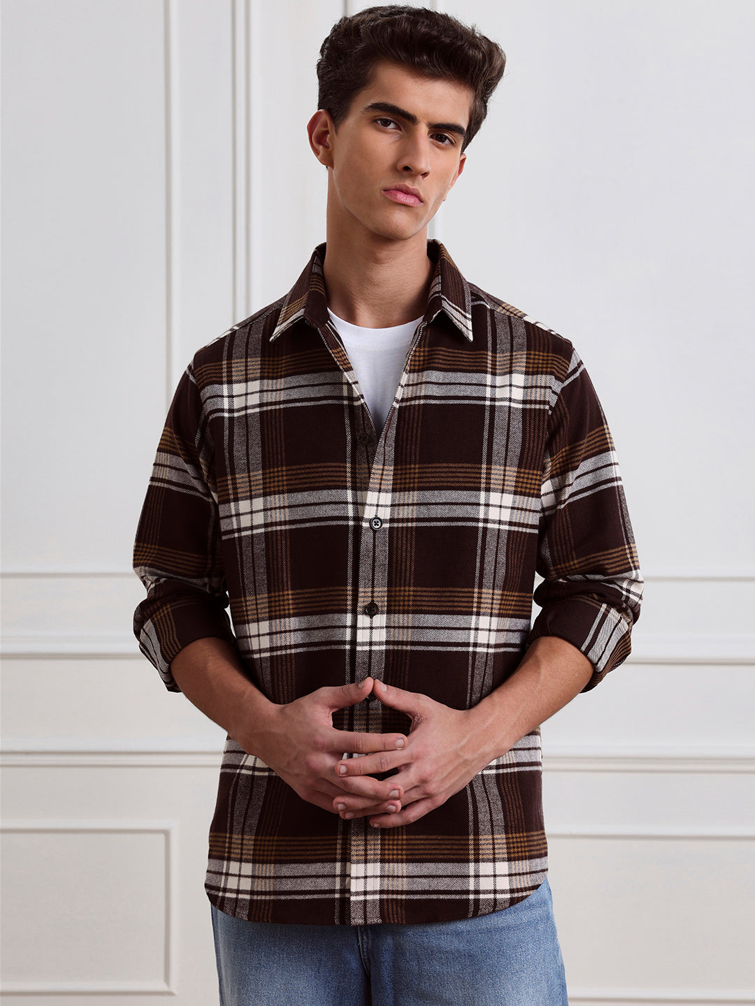 Brown Relaxed Fit Checked Casual Cotton Shirt for Men (LEWT)