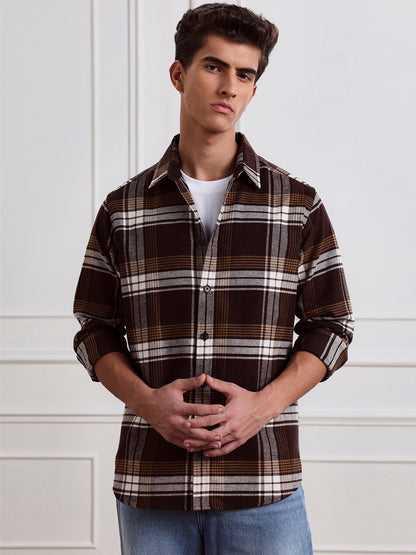 Brown Relaxed Fit Checked Casual Cotton Shirt for Men (LEWT)