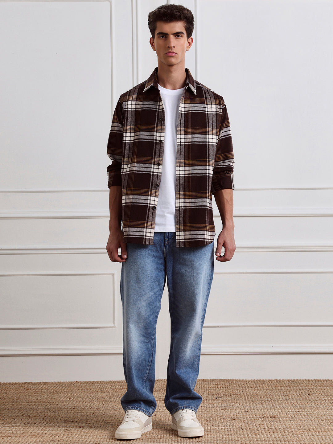 Brown Relaxed Fit Checked Casual Cotton Shirt for Men (LEWT)