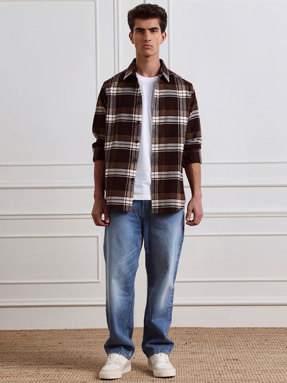 Brown Relaxed Fit Checked Casual Cotton Shirt for Men (LEWT)