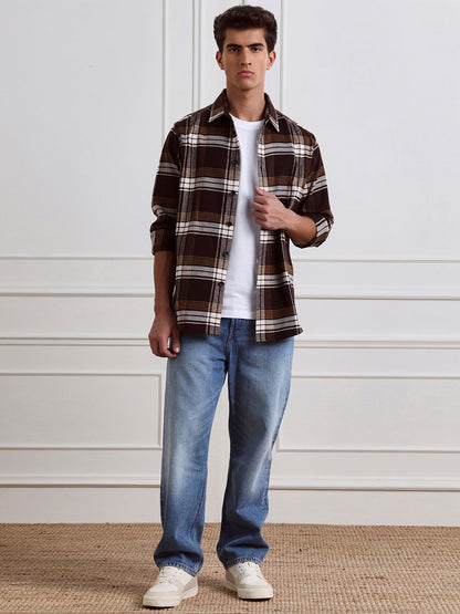 Brown Relaxed Fit Checked Casual Cotton Shirt for Men (LEWT)