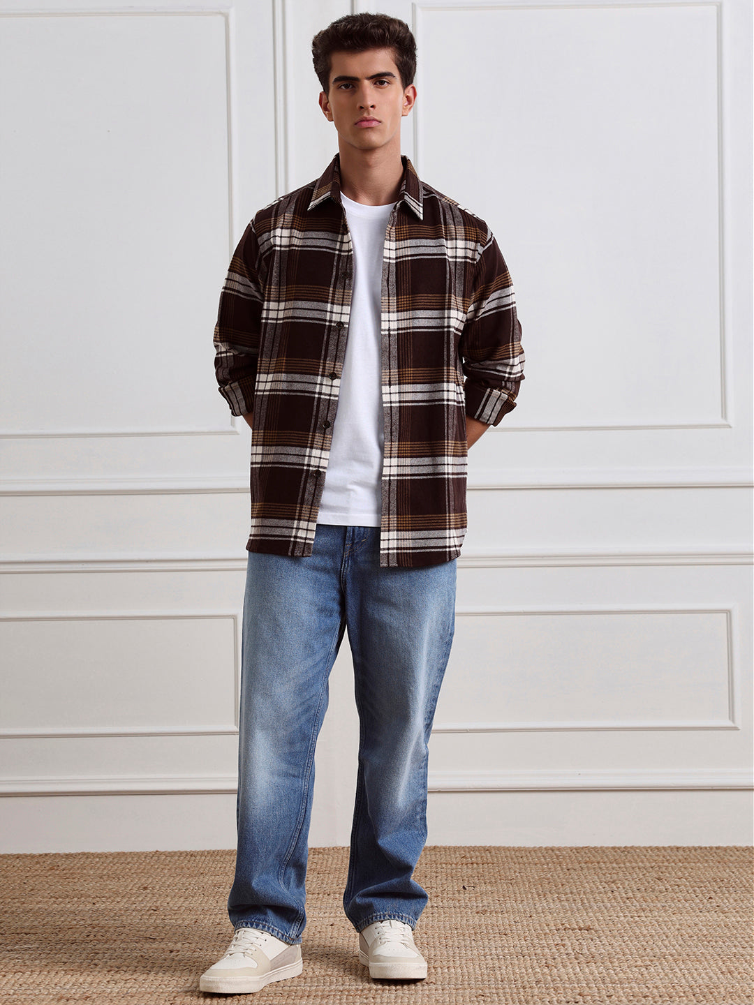 Brown Relaxed Fit Checked Casual Cotton Shirt for Men (LEWT)