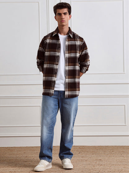 Brown Relaxed Fit Checked Casual Cotton Shirt for Men (LEWT)