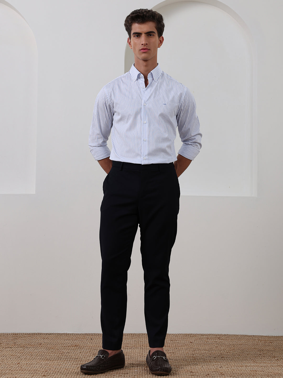 Blue Regular Fit Striped Formal Cotton Shirt for Men (CENOR)