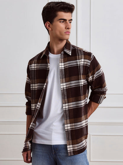 Brown Relaxed Fit Checked Casual Cotton Shirt for Men (LEWT)