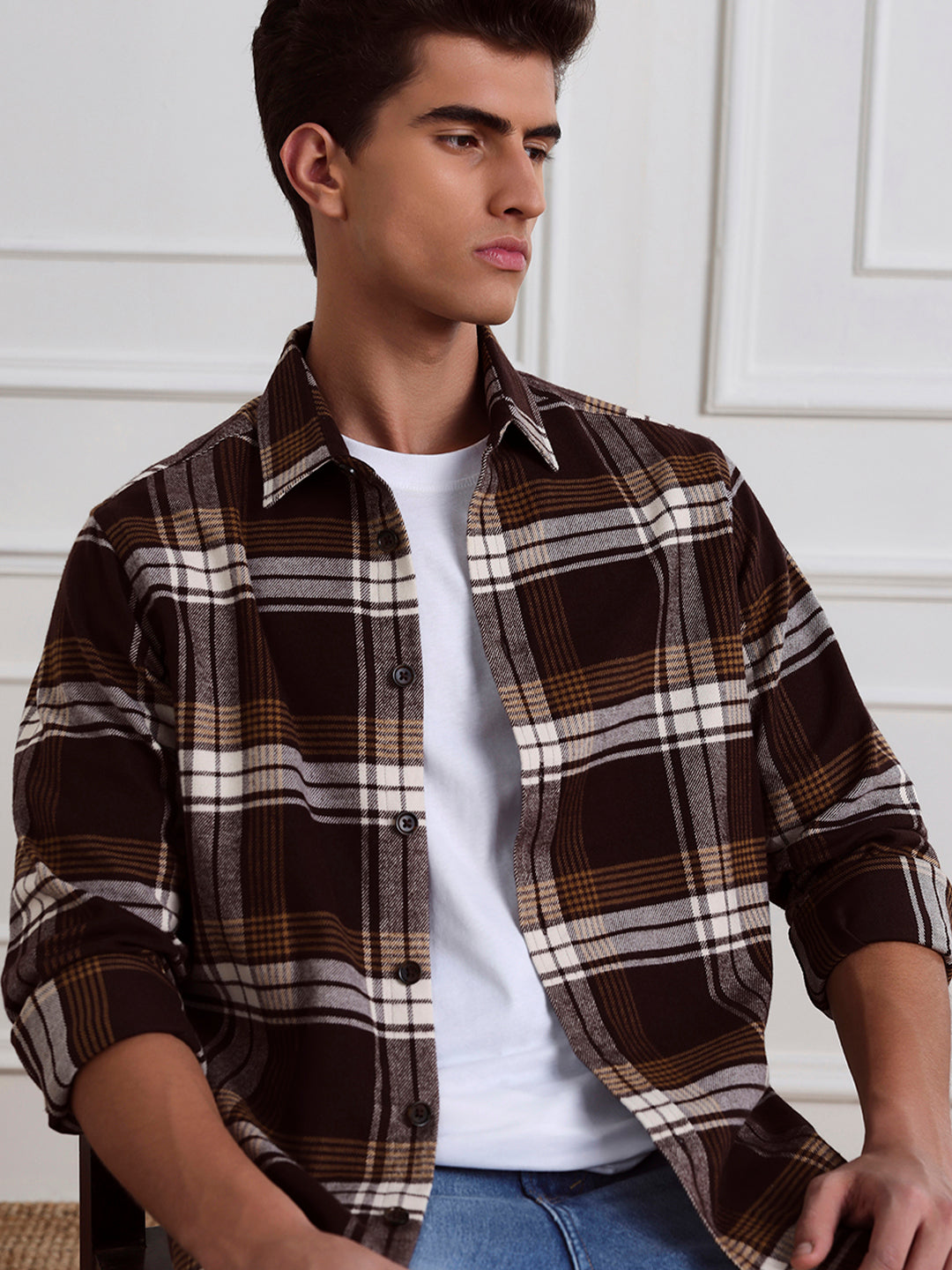 Brown Relaxed Fit Checked Casual Cotton Shirt for Men (LEWT)