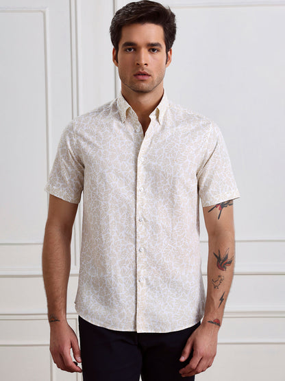 Beige Regular Fit Printed Casual Cotton Shirt for Men (CIRUS)