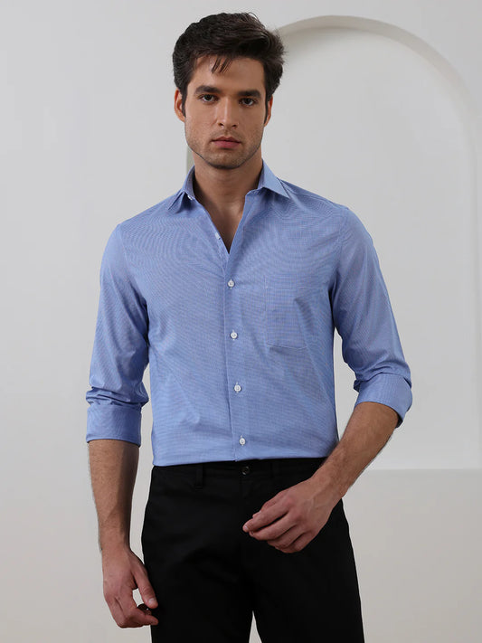 Blue Regular Fit Checked Formal Cotton Shirt