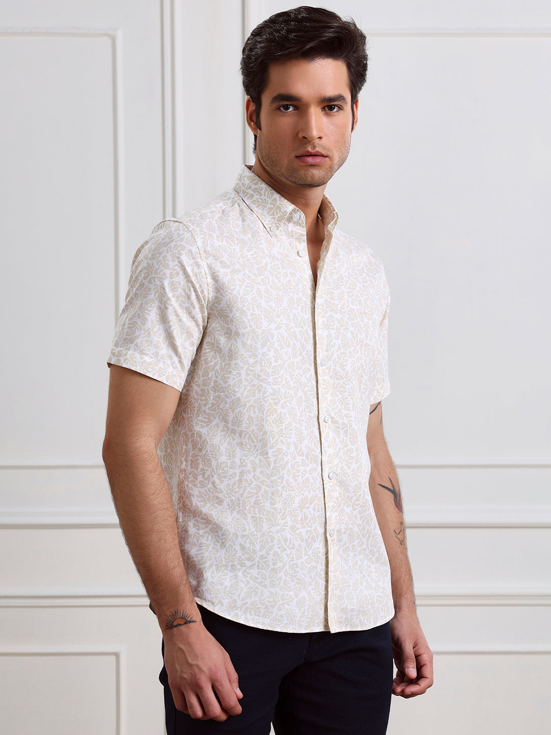 Beige Regular Fit Printed Casual Cotton Shirt for Men (CIRUS)
