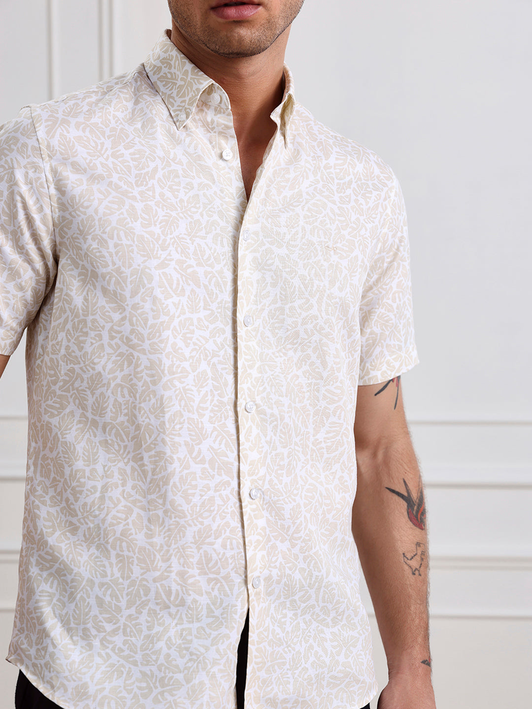 Beige Regular Fit Printed Casual Cotton Shirt for Men (CIRUS)