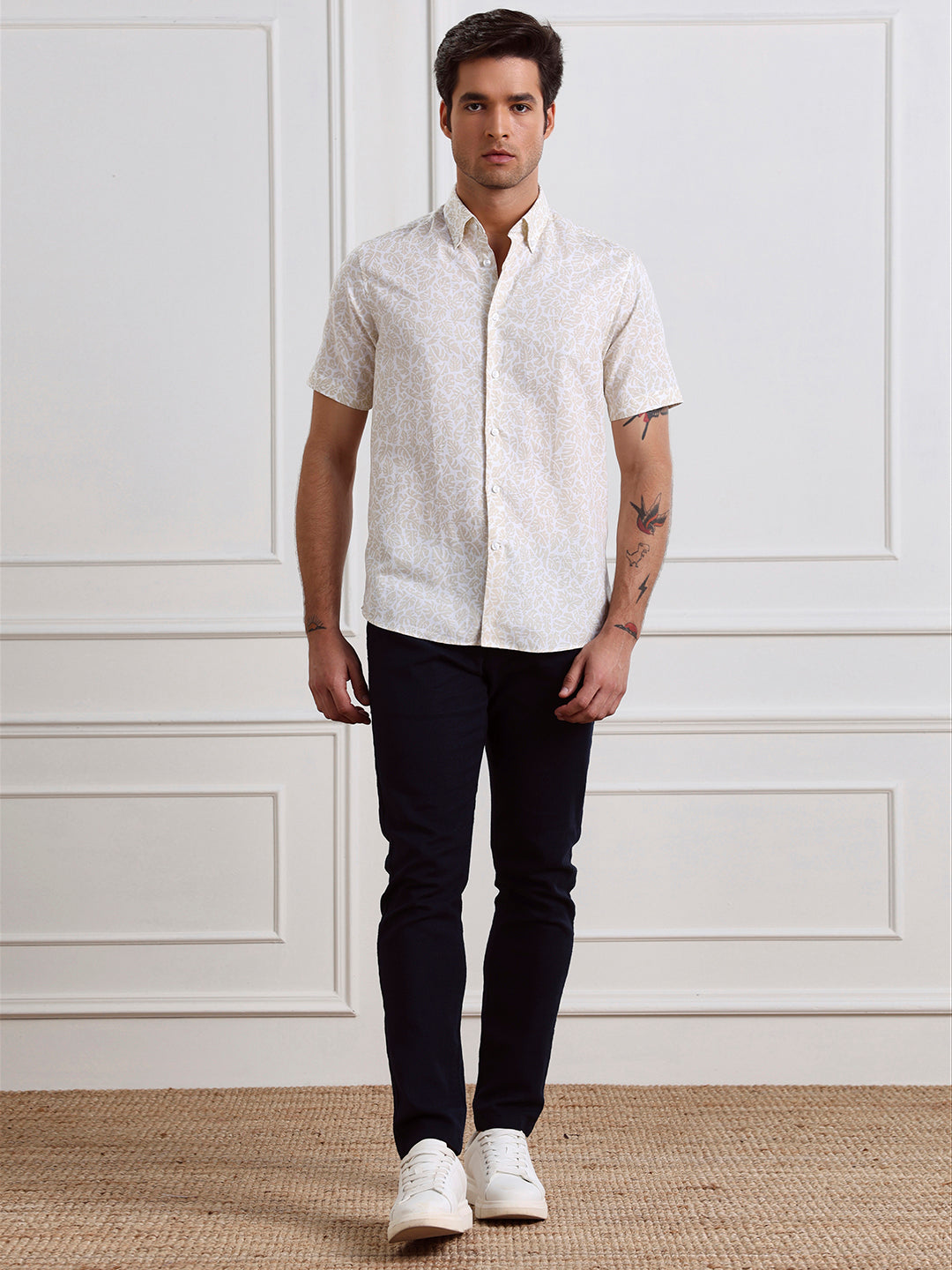 Beige Regular Fit Printed Casual Cotton Shirt for Men (CIRUS)