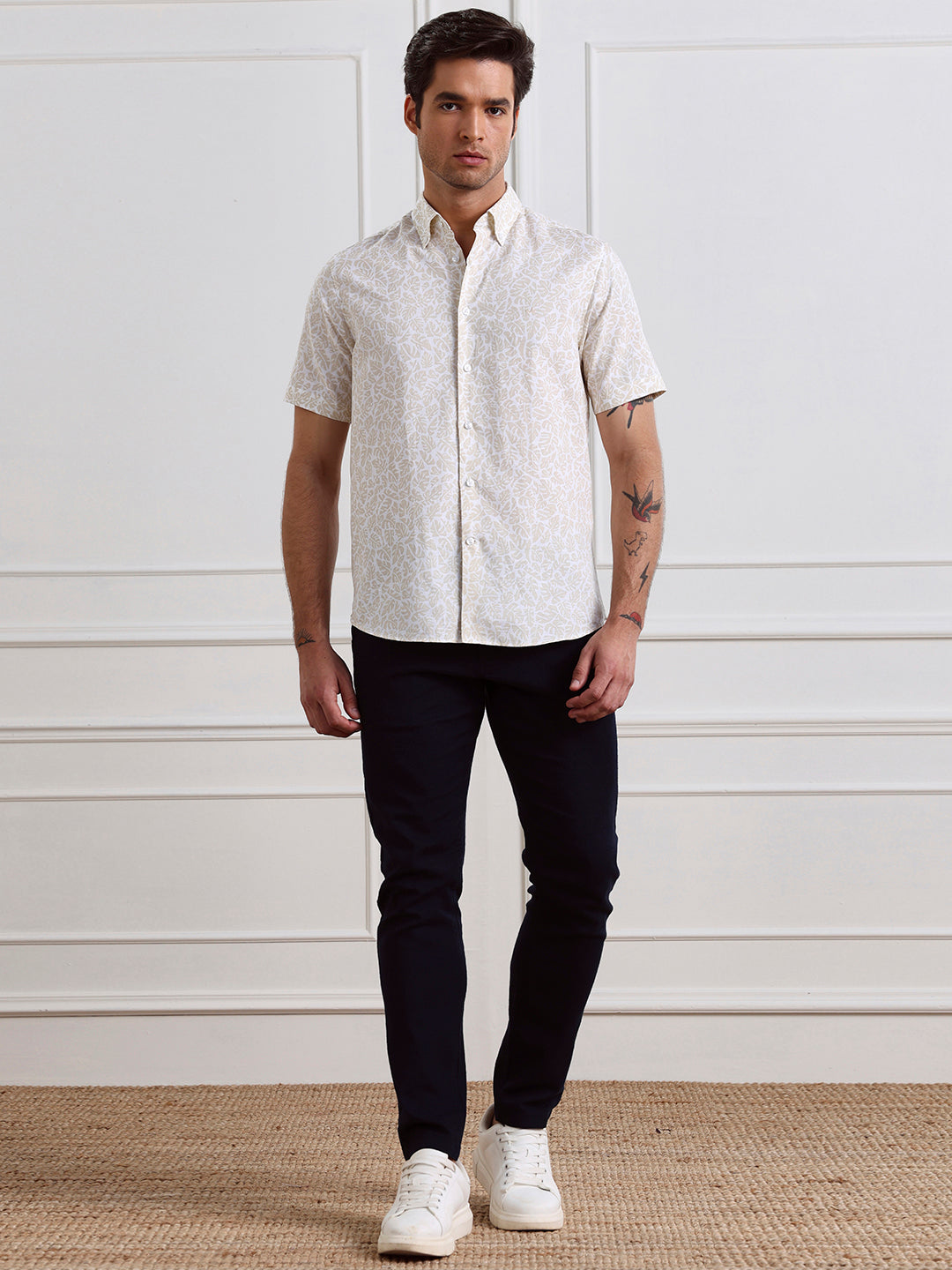Beige Regular Fit Printed Casual Cotton Shirt for Men (CIRUS)
