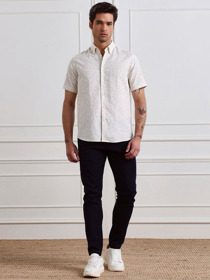Beige Regular Fit Printed Casual Cotton Shirt for Men (CIRUS)