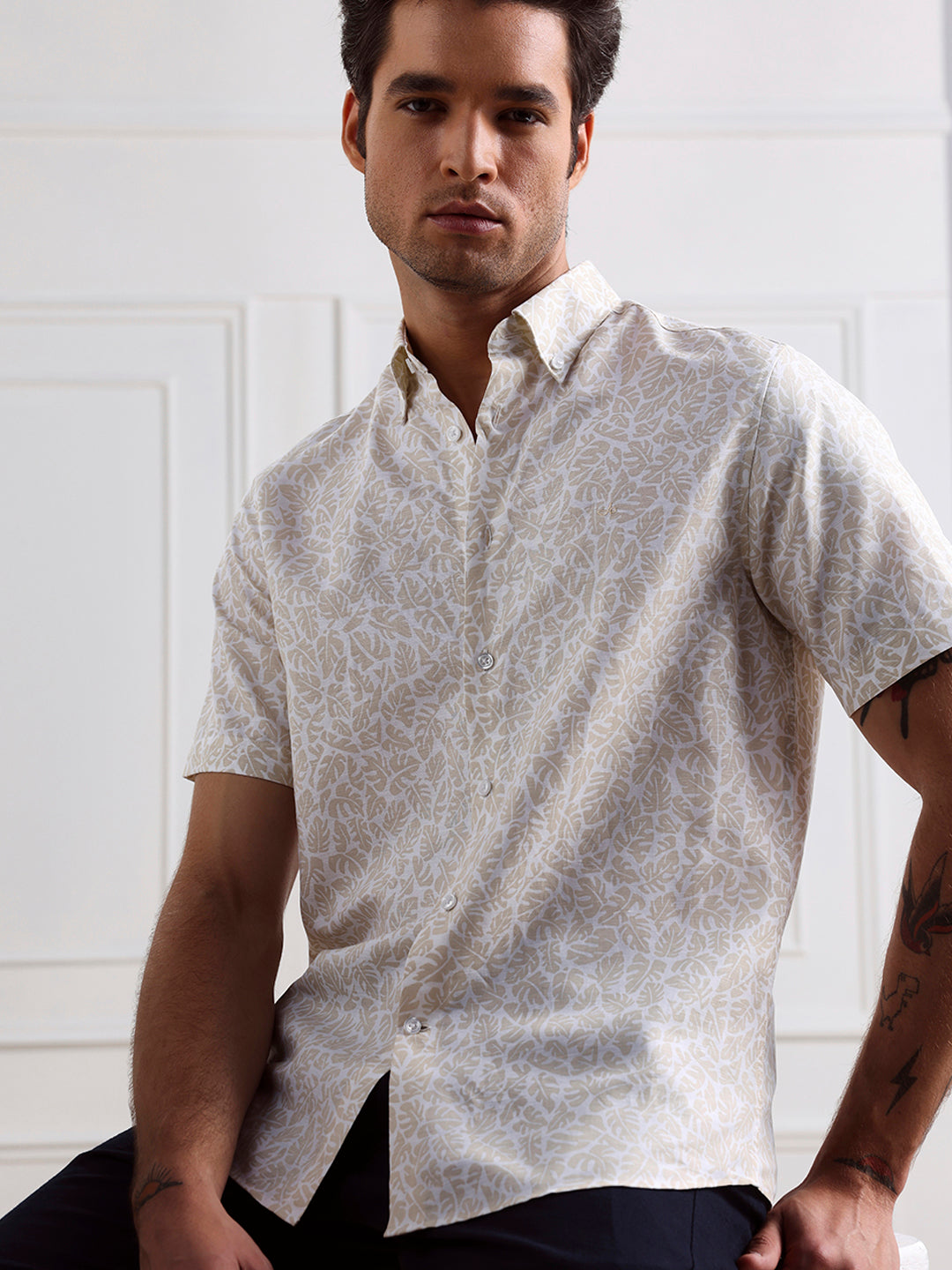 Beige Regular Fit Printed Casual Cotton Shirt for Men (CIRUS)