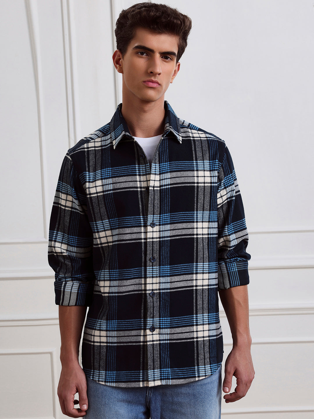 Blue Relaxed Fit Checked Casual Cotton Shirt for Men (LEWI)