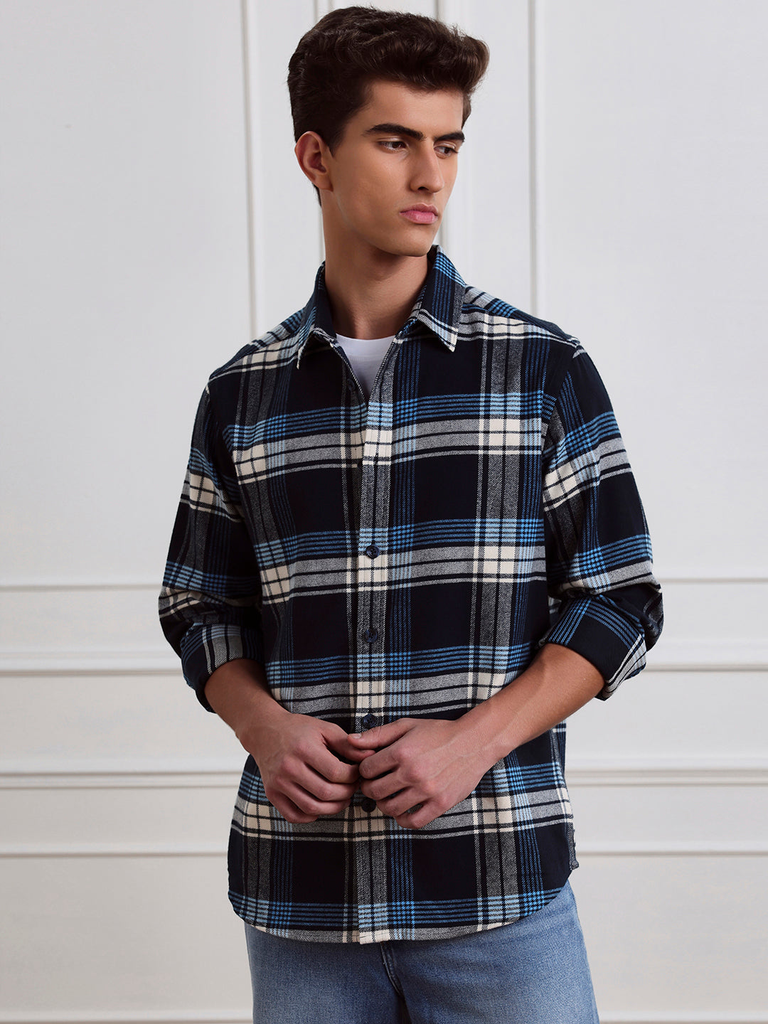 Blue Relaxed Fit Checked Casual Cotton Shirt for Men (LEWI)