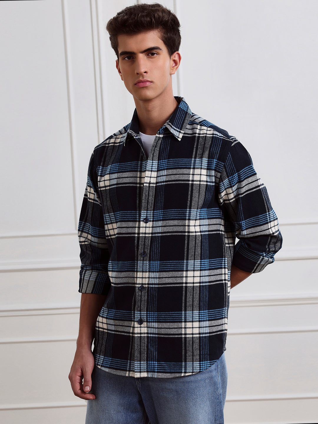 Blue Relaxed Fit Checked Casual Cotton Shirt for Men (LEWI)