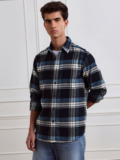 Blue Relaxed Fit Checked Casual Cotton Shirt for Men (LEWI)