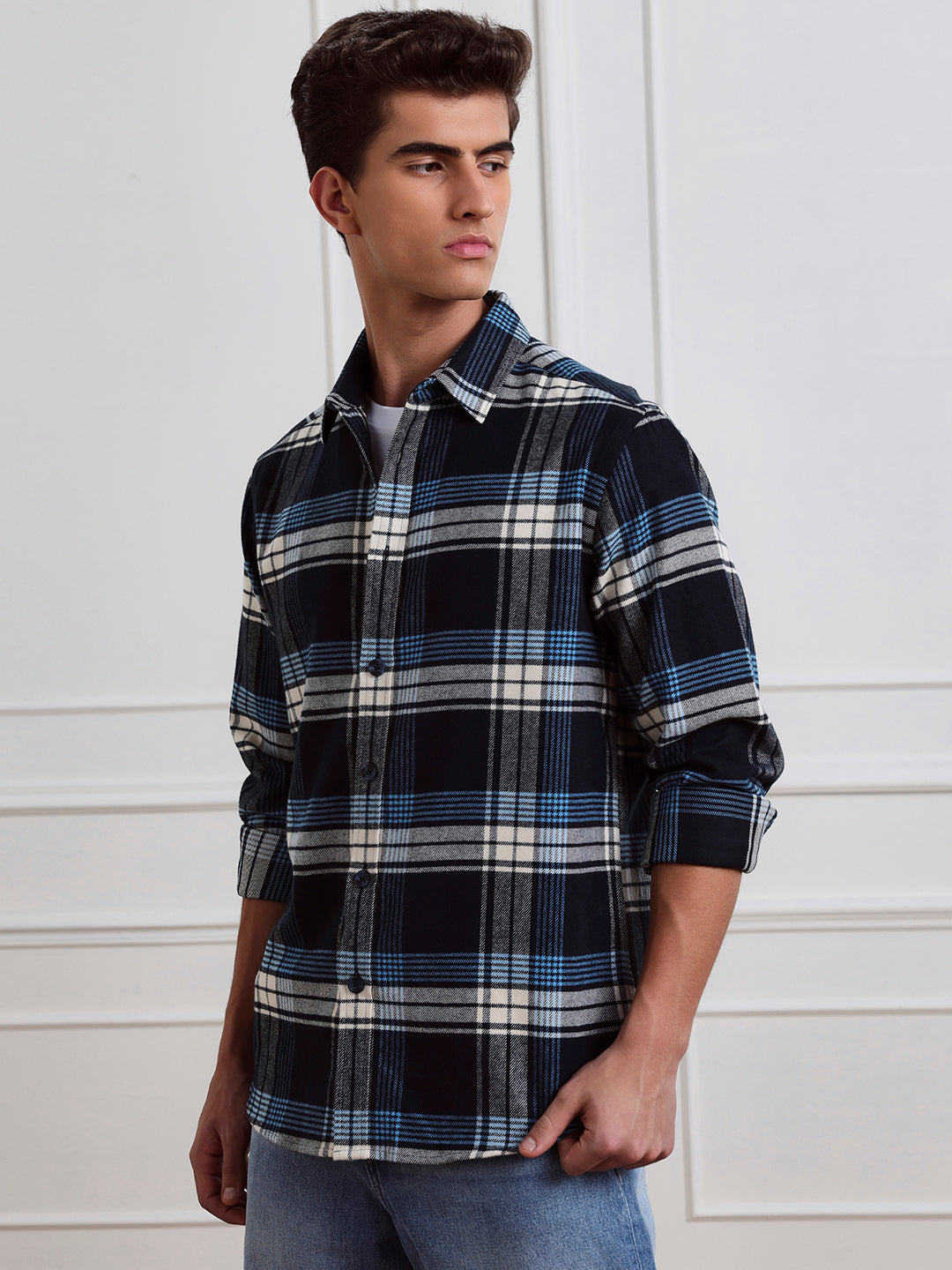 Blue Relaxed Fit Checked Casual Cotton Shirt for Men (LEWI)