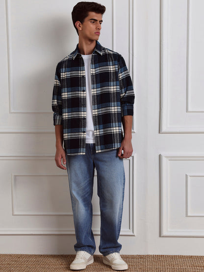 Blue Relaxed Fit Checked Casual Cotton Shirt for Men (LEWI)