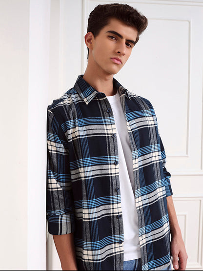 Blue Relaxed Fit Checked Casual Cotton Shirt for Men (LEWI)