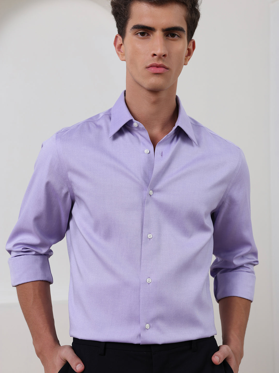 Purple Regular Fit Solid Formal Cotton Non-Iron Shirt for Men (NAGRA)