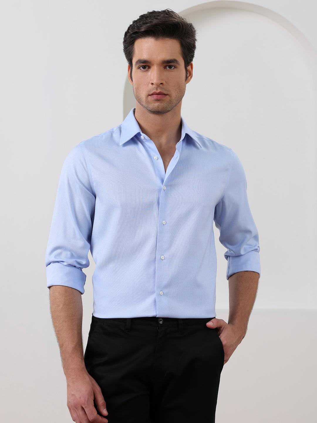 Blue Regular Fit Solid Formal Cotton Non-Iron Shirt for Men (NRUCI)