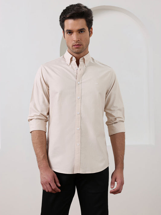 Beige Regular Fit Solid Casual Cotton Shirt for Men (LELON)