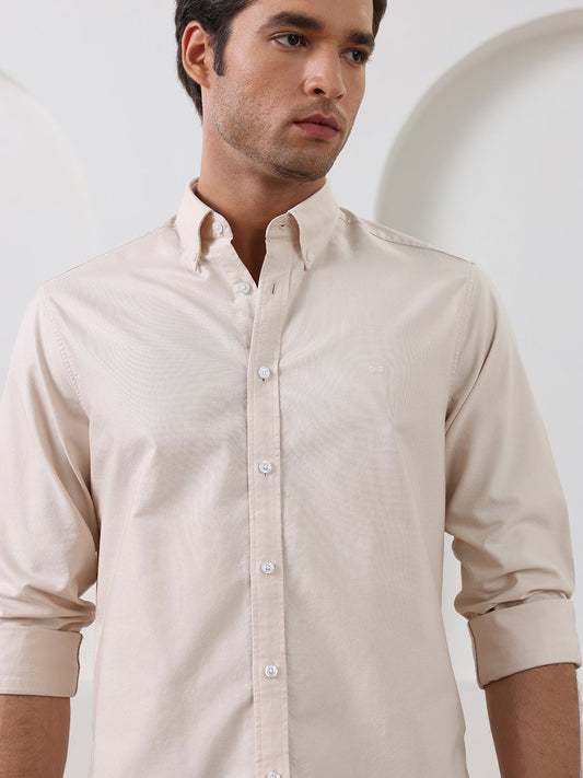 Beige Regular Fit Solid Casual Cotton Shirt for Men (LELON)