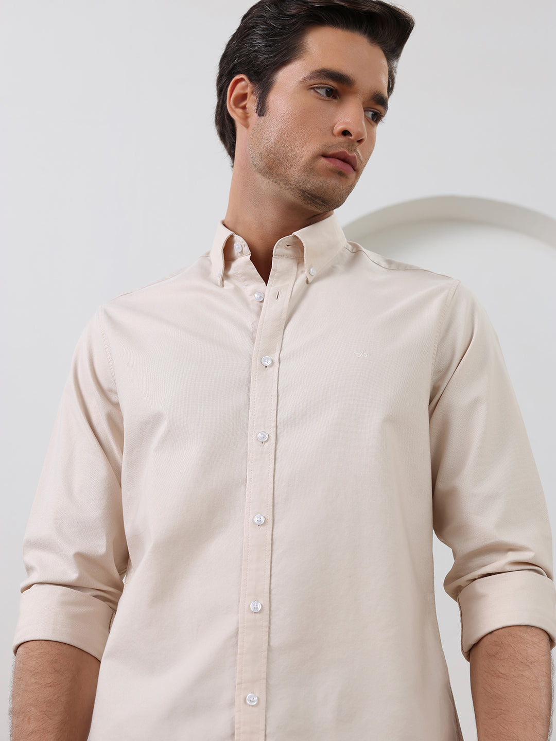 Beige Regular Fit Solid Casual Cotton Shirt for Men (LELON)