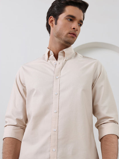 Beige Regular Fit Solid Casual Cotton Shirt for Men (LELON)