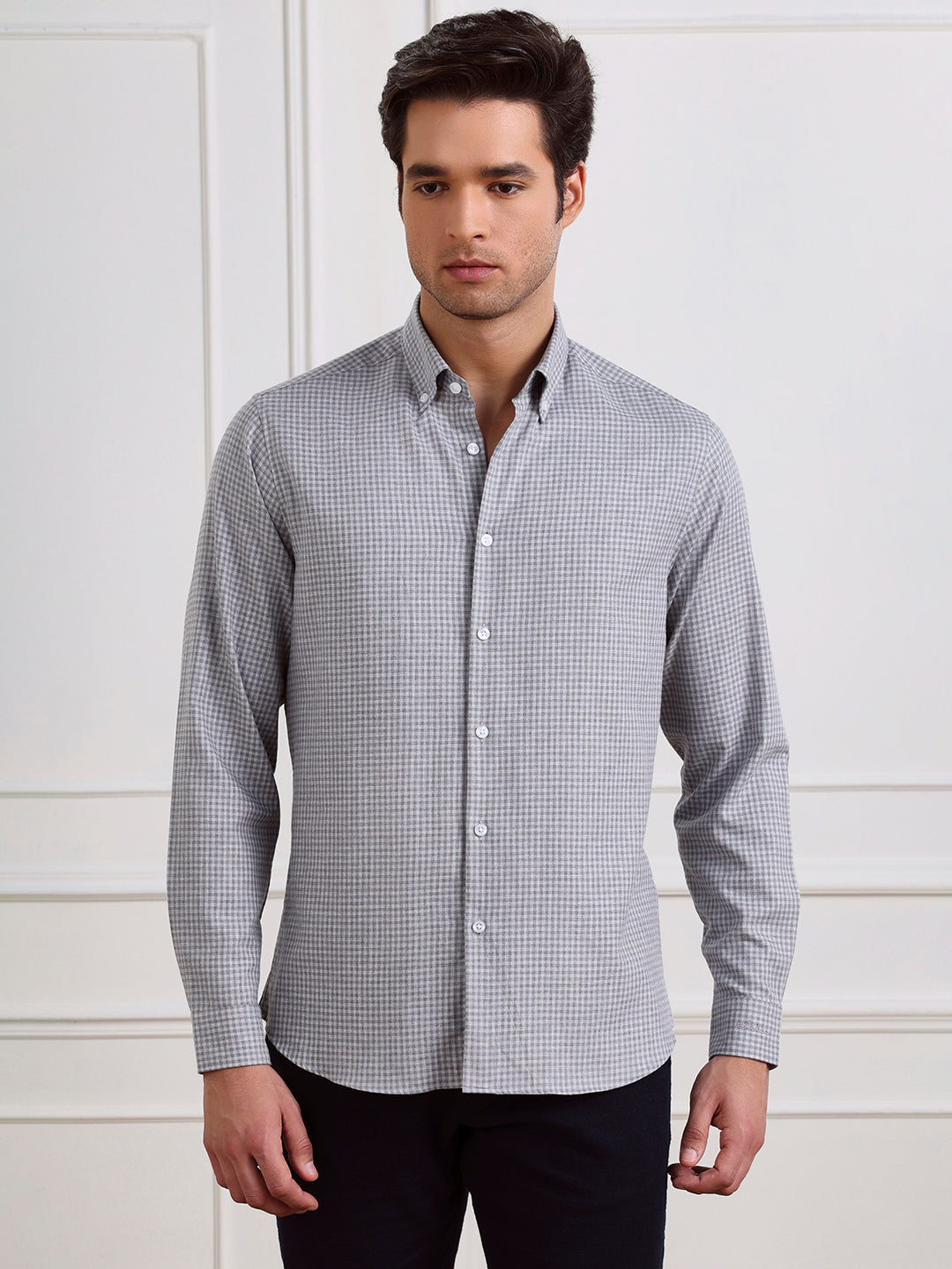 Grey Regular Fit Checked Casual Cotton Shirt for Men (COALA)