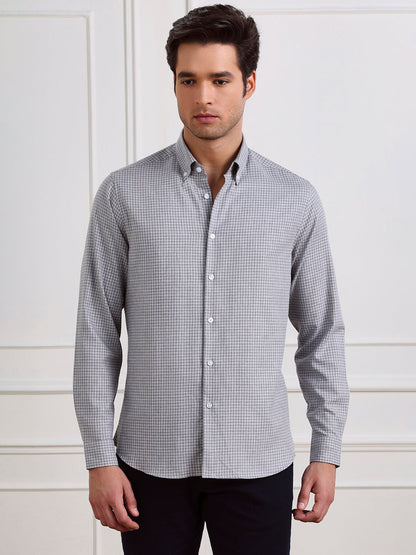 Grey Regular Fit Checked Casual Cotton Shirt for Men (COALA)