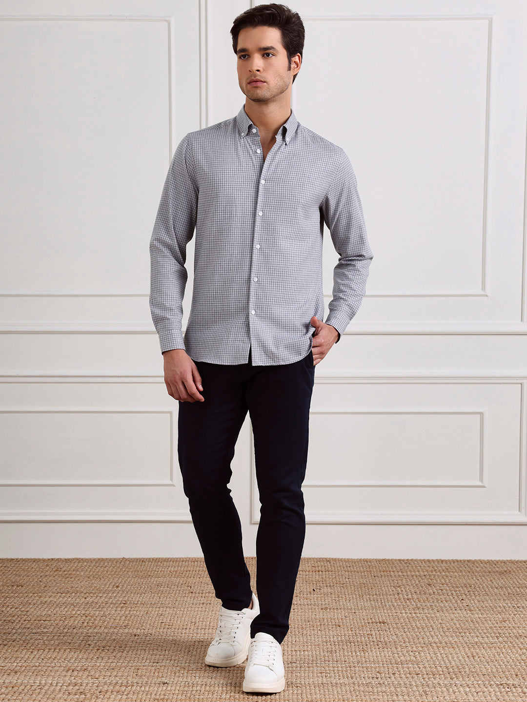 Grey Regular Fit Checked Casual Cotton Shirt for Men (COALA)