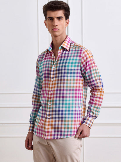 Orange Regular Fit Checked Casual Cotton Shirt for Men (LARIS)