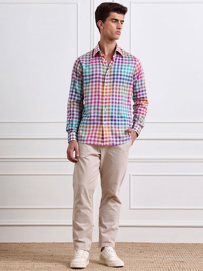 Orange Regular Fit Checked Casual Cotton Shirt for Men (LARIS)
