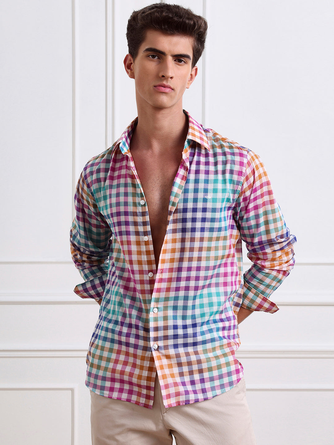 Orange Regular Fit Checked Casual Cotton Shirt for Men (LARIS)