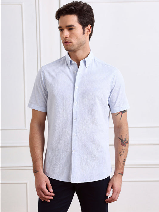 Blue Regular Fit Striped Casual Cotton Blend Shirt for Men