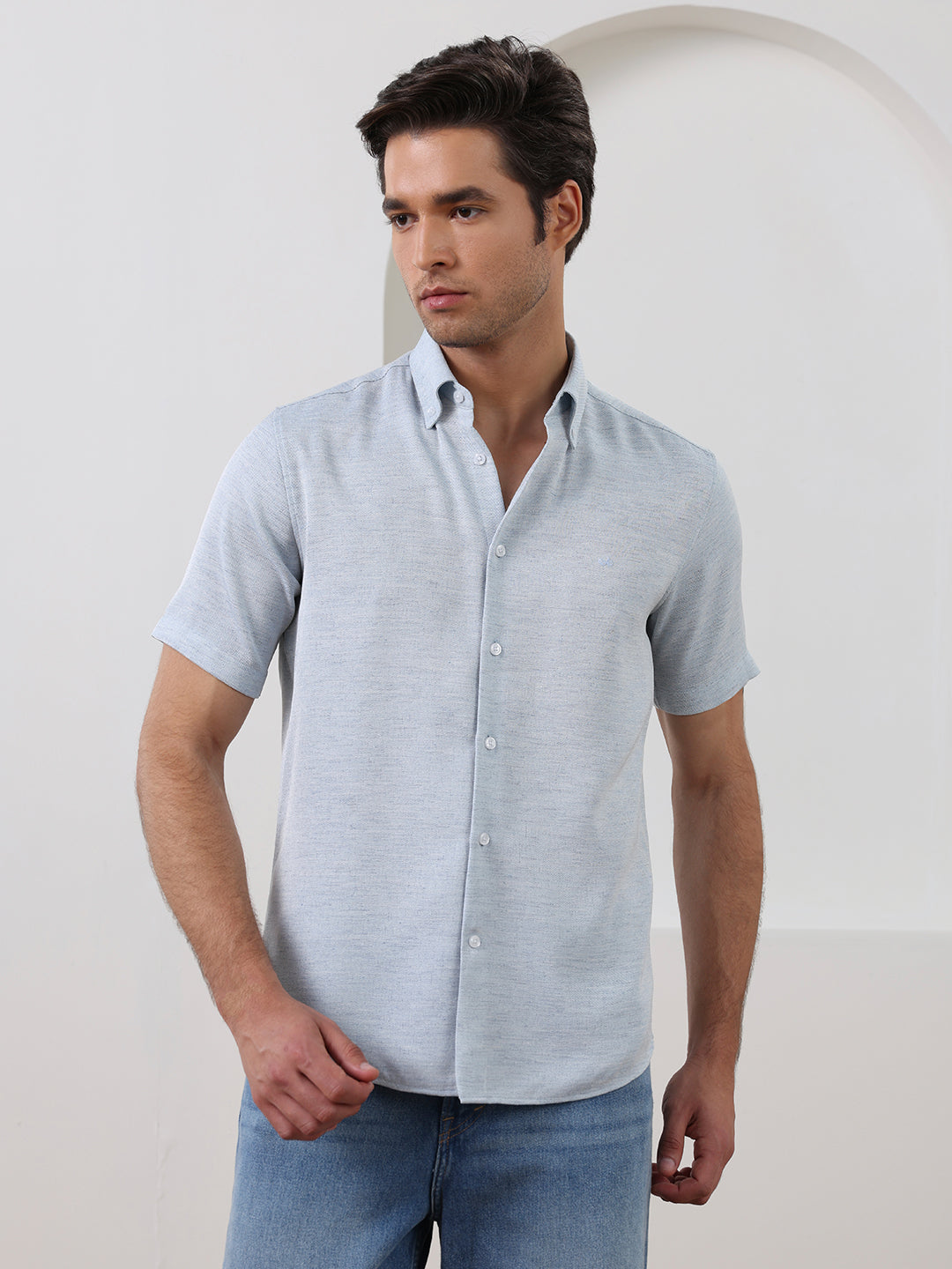 Blue Regular Fit Textured Casual Polyester Shirt for Men (COBAN)