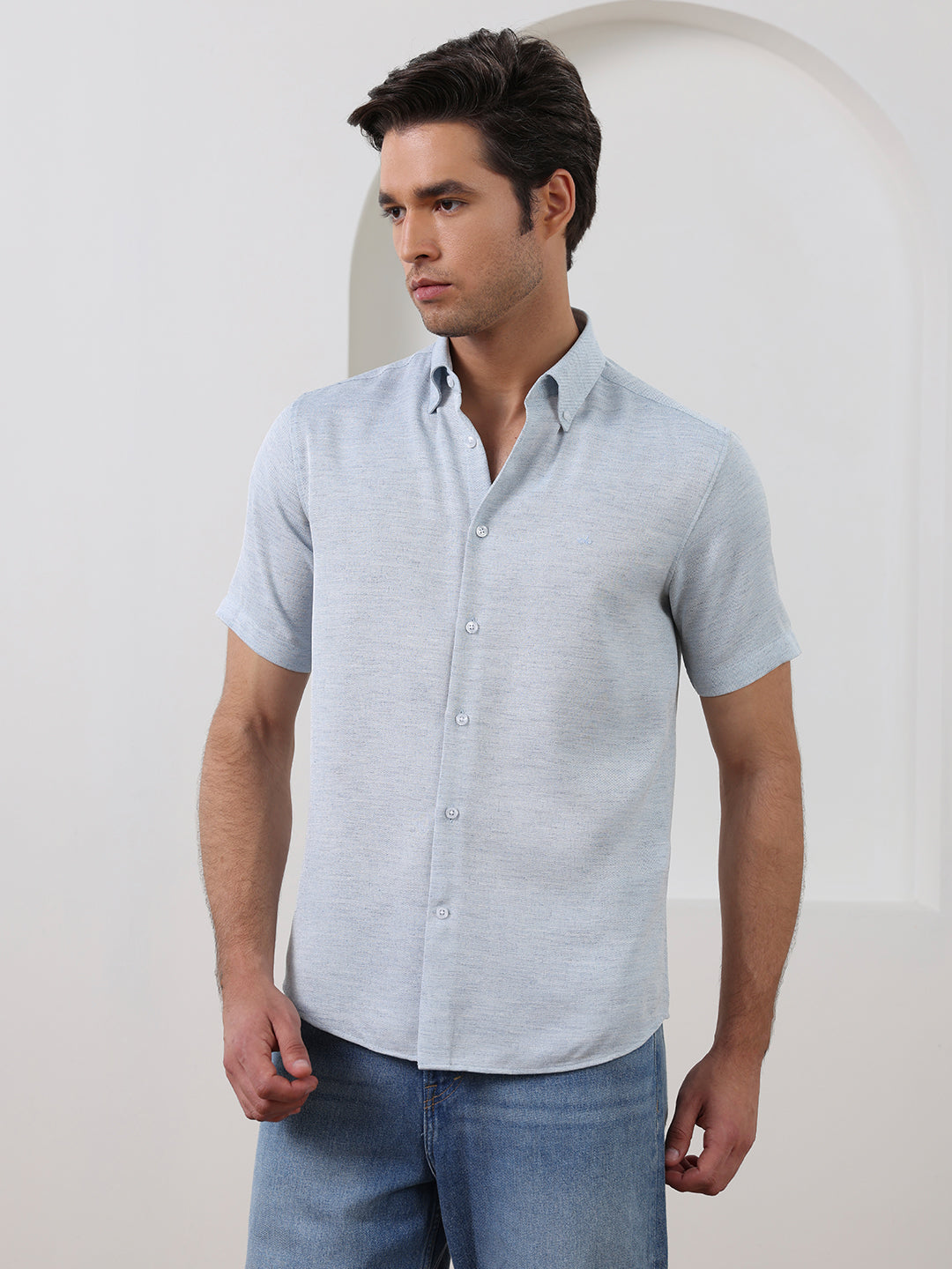 Blue Regular Fit Textured Casual Polyester Shirt for Men (COBAN)