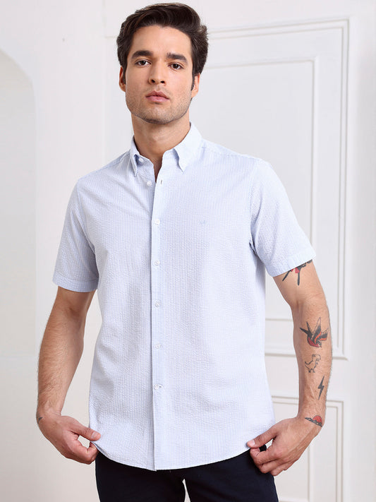 Blue Regular Fit Striped Casual Cotton Blend Shirt for Men