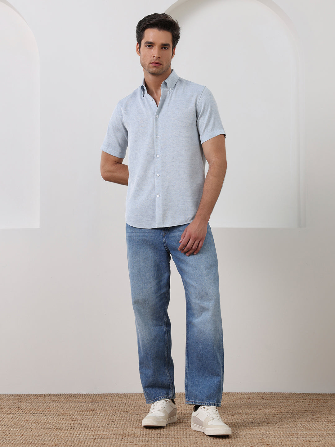 Blue Regular Fit Textured Casual Polyester Shirt for Men (COBAN)