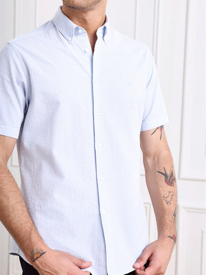 Blue Regular Fit Striped Casual Cotton Blend Shirt for Men