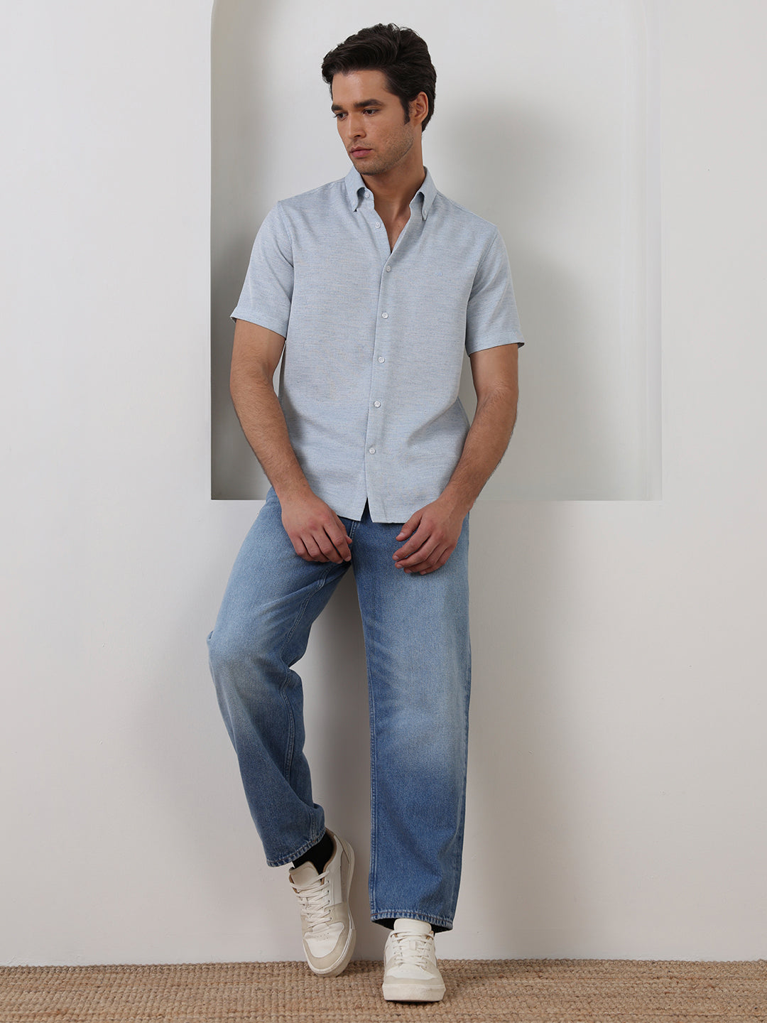 Blue Regular Fit Textured Casual Polyester Shirt for Men (COBAN)