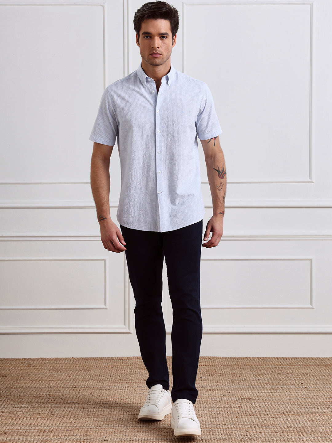 Blue Regular Fit Striped Casual Cotton Blend Shirt for Men