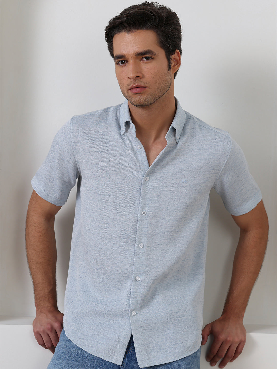 Blue Regular Fit Textured Casual Polyester Shirt for Men (COBAN)
