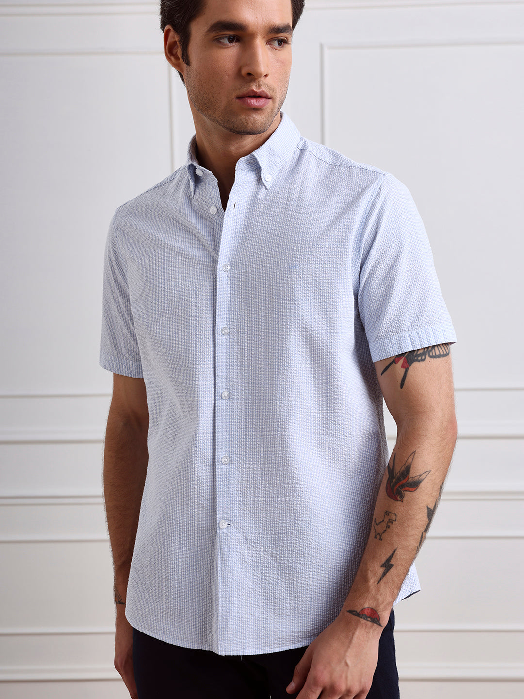 Blue Regular Fit Striped Casual Cotton Blend Shirt for Men